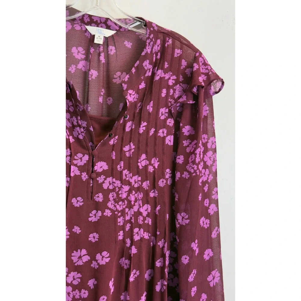 Time and Tru Womens M 8-10‎ Burgundy Purple Floral Pleated Chiffon Mini Dress